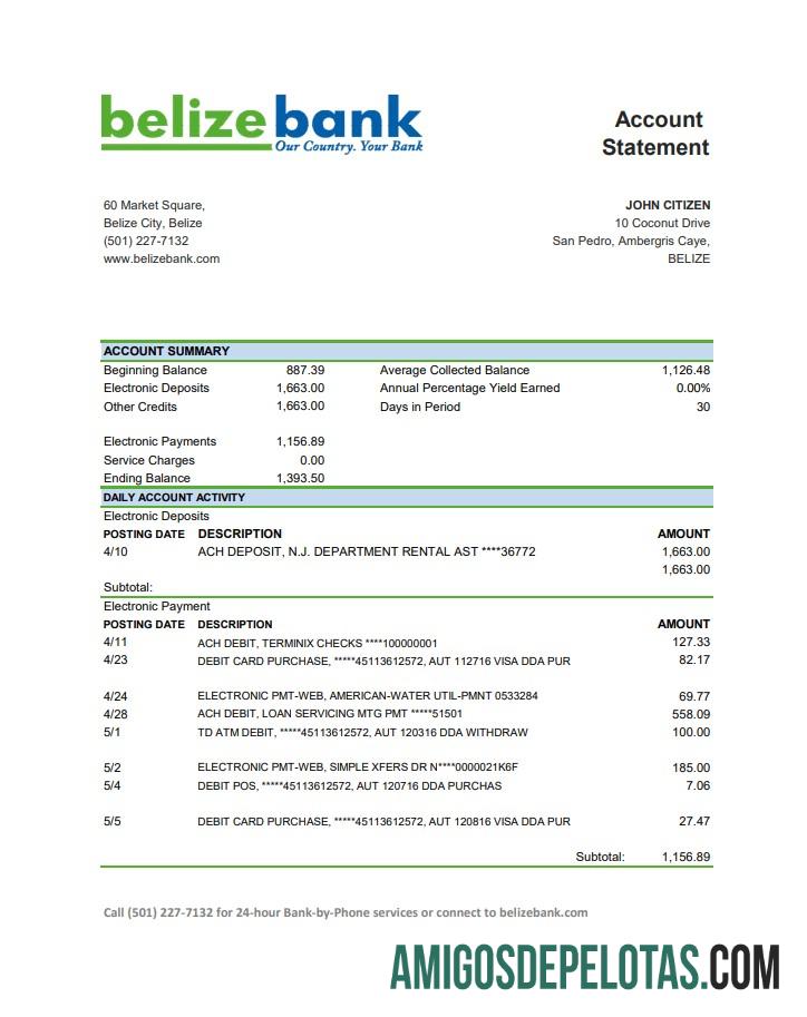 Extrato bancário imprimível de Belize Belizebank modelo fácil de preencher em formato de arquivo .xls e .pdf